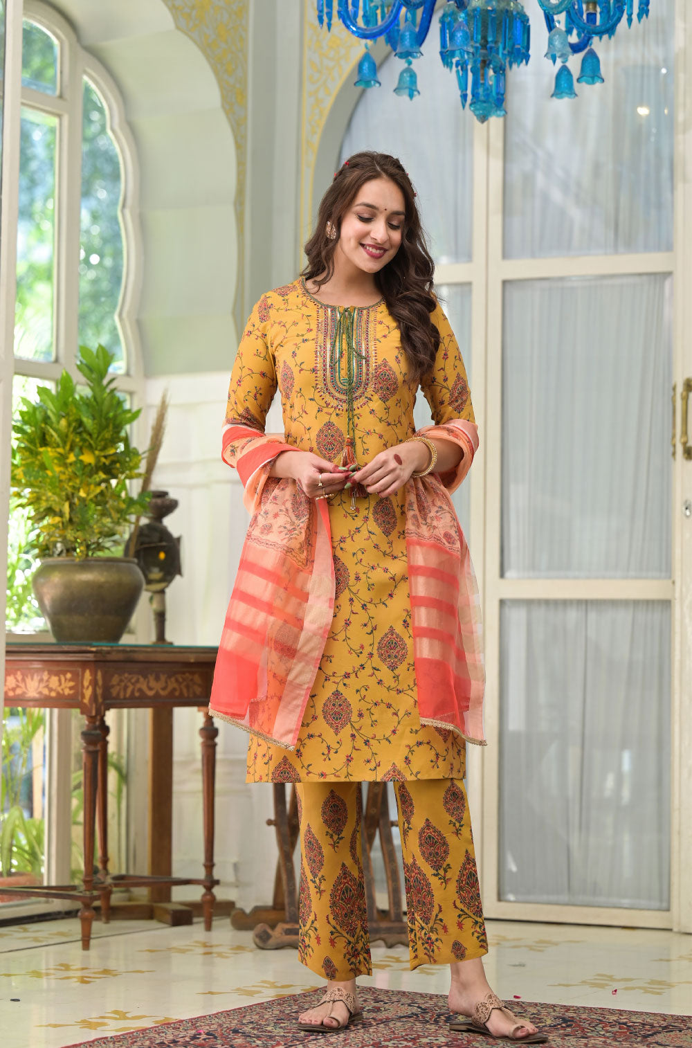 Mustard 3-Piece Kurta Set with Embroidered Charm & Digital Dupatta