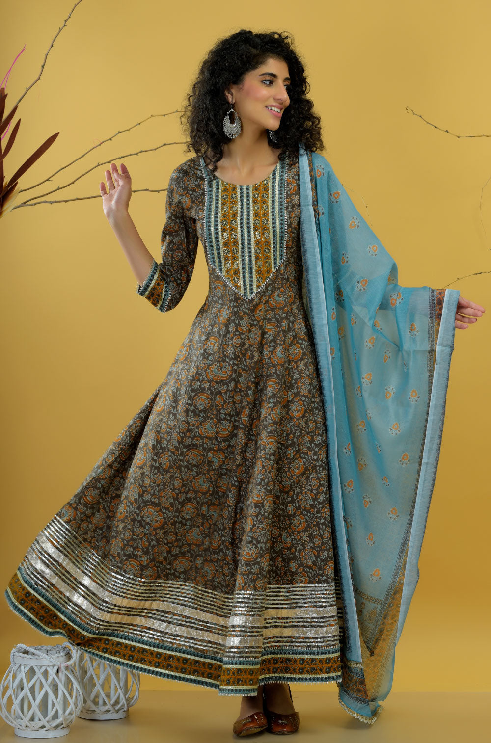 Army Green Anarkali Set with Chanderi Dupatta in traditional style