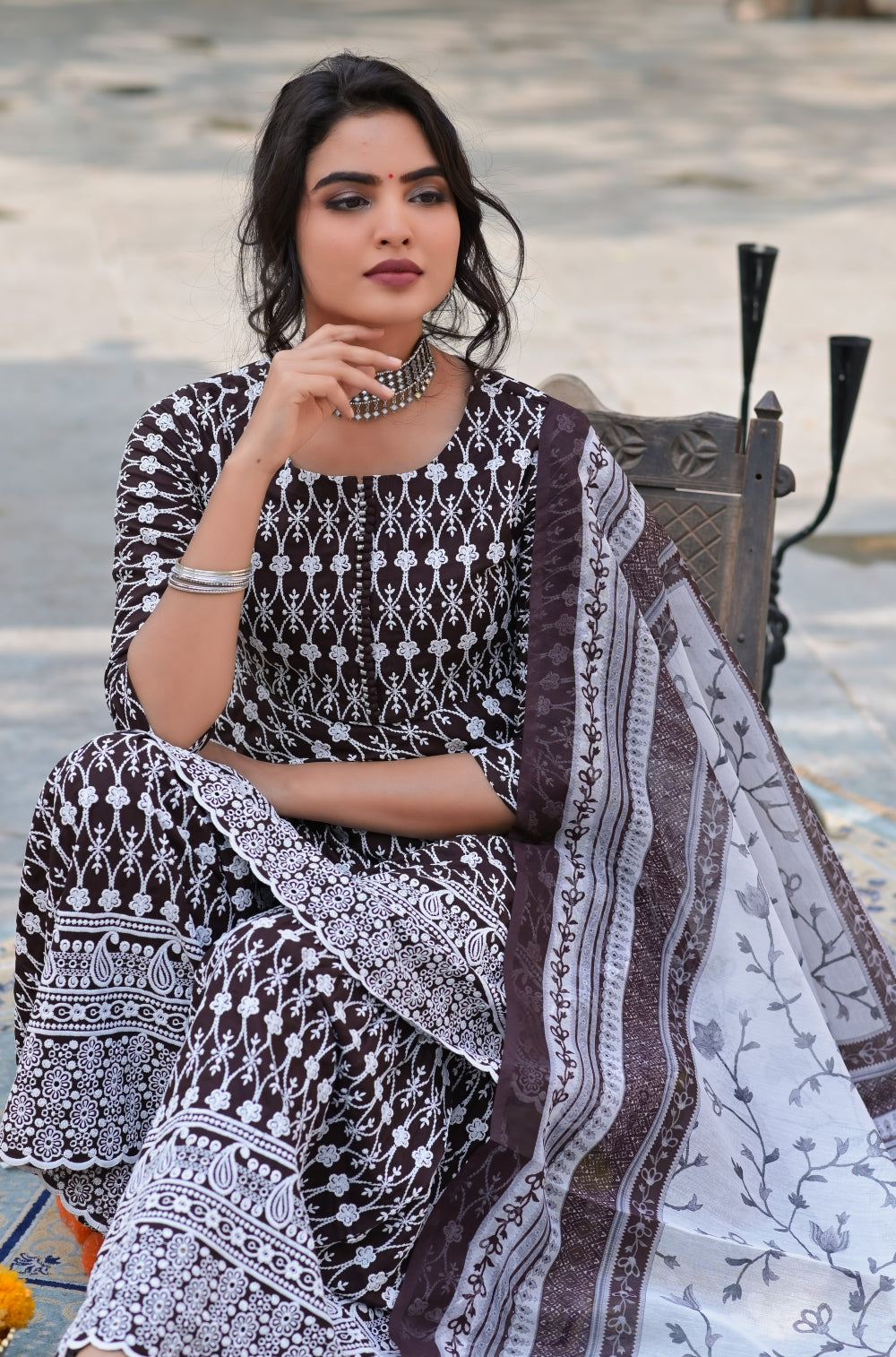 Coffee Dyed Rayon Sharara 3-piece Set with Exquisite Chikankari