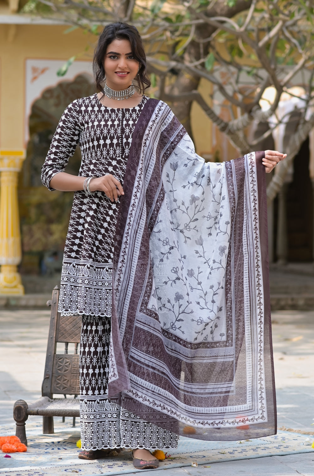 Coffee Dyed Rayon Sharara 3-piece Set with Exquisite Chikankari