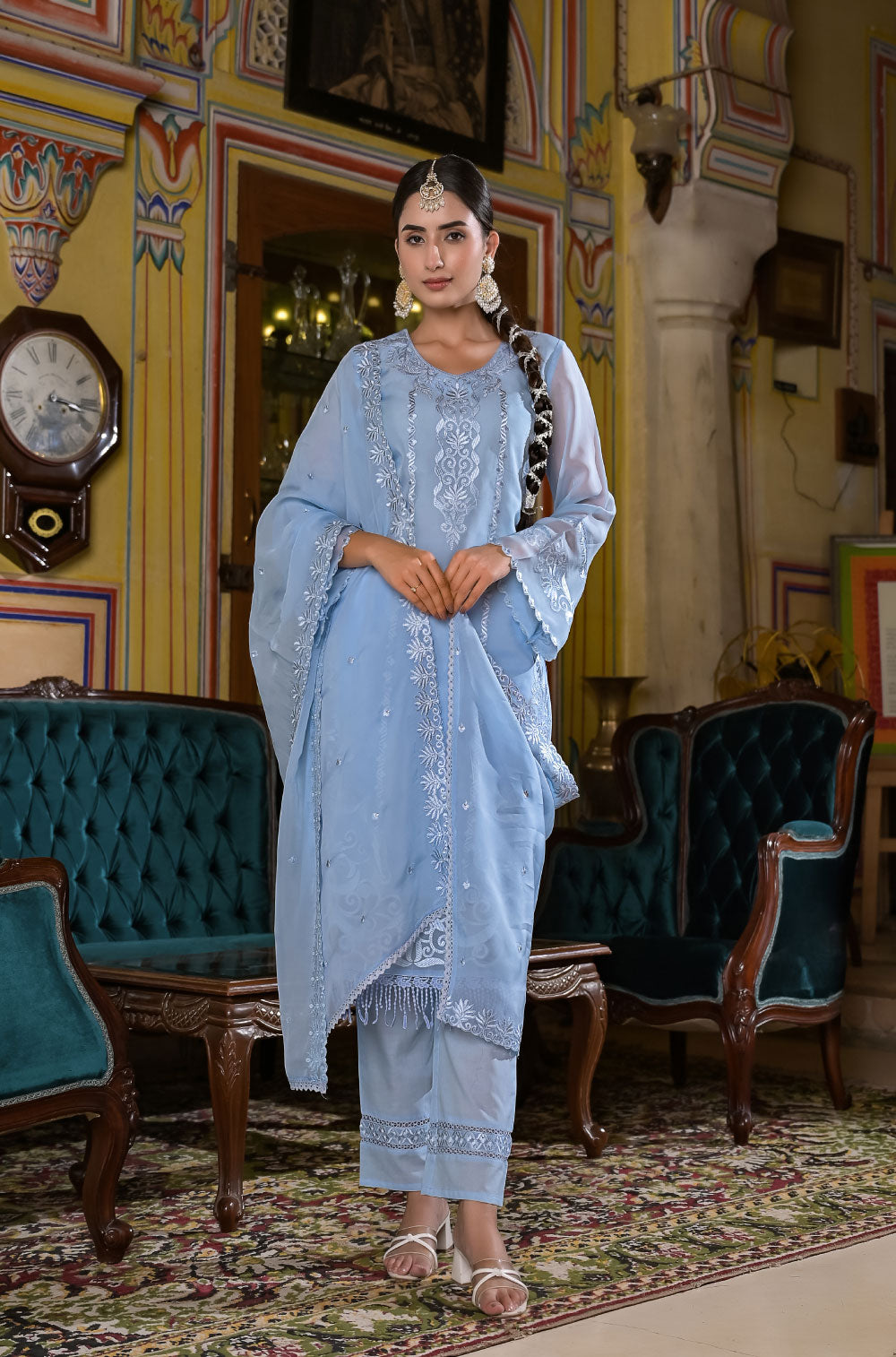 Powder Blue Organza 3-Piece Kurta Set with Delicate Cut Work Embroidery