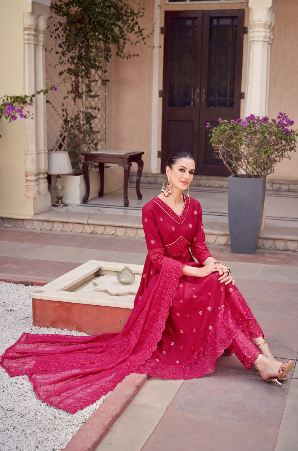 Anarkali Set in Fuchsia Pink with Organza Embroidered Dupatta