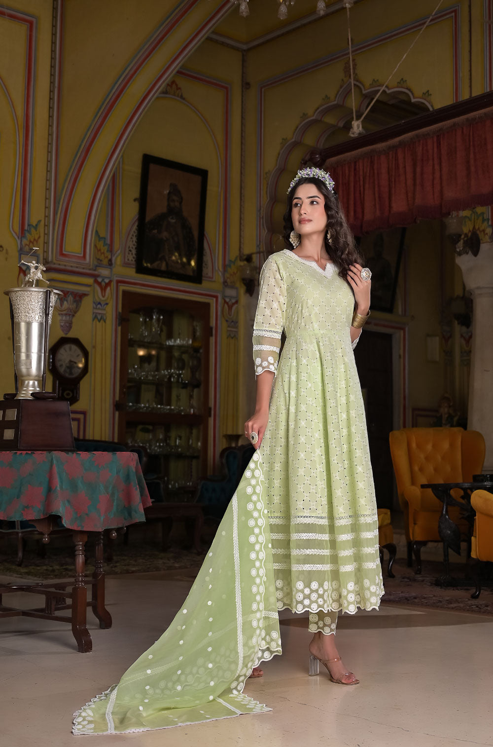 Empire chikankari pure cotton 3 pcs anarkali set with trousers and organza dupatta