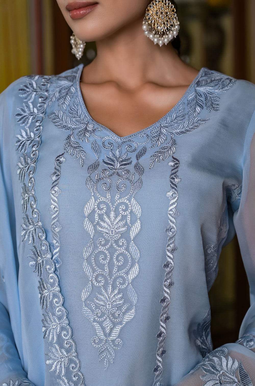 Powder Blue Organza 3-Piece Kurta Set with Delicate Cut Work Embroidery