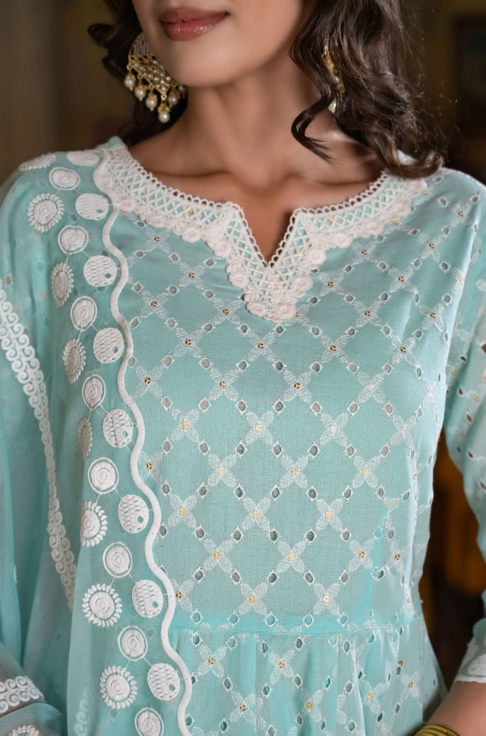 Pastel Chikankari Anarkali Set in Sea Green Cotton